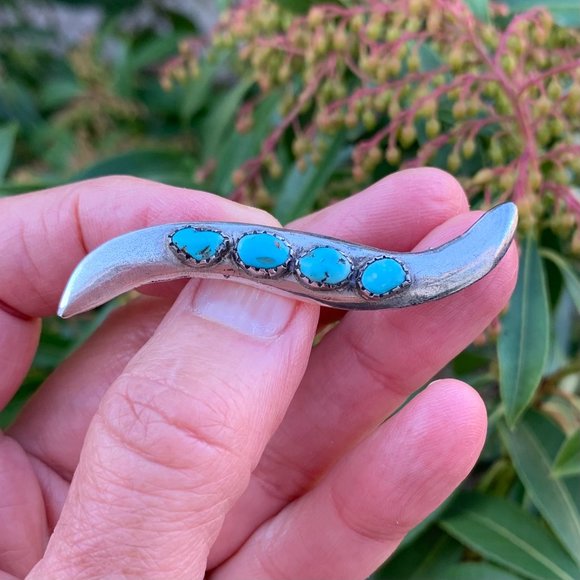 Vintage 1950s Zuni .925 Sterling & Turquoise Boomerang Pin/Brooch - Picture 2 of 6